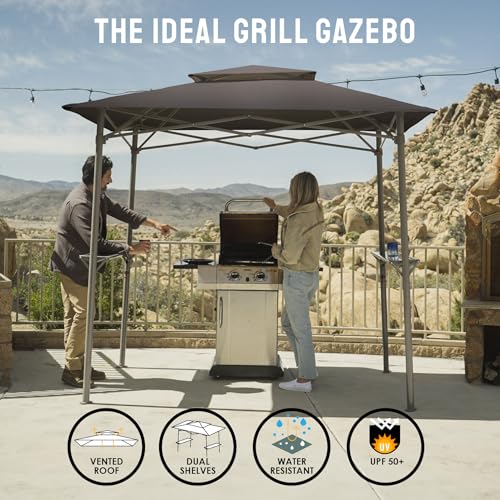 Crown-Shades-8×5-Grill-Gazebo-Pop-Up-Canopy-for-BBQ-and-Backyard-Patio-Easy-Outdoor-Barbecue-Shade-Cover-with-Double-Tier-Vented-Top-2-Side-Shelves-Grey Crown Shades 8×5 Grill Gazebo Pop Up Canopy for BBQ and Backyard Patio Easy Outdoor Barbecue Shade Cover with Double Tier Vented Top 2 Side Shelves Grey