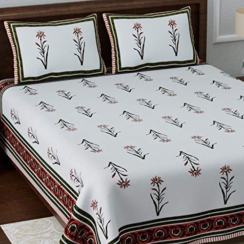 Image of LIVING ROOTS Ethnic Rajasthani /Jaipuri /Sanganeri Block Print 100% Cotton Super King Size 100 * 108 Bedsheet with 2 Pillow Covers (40B)