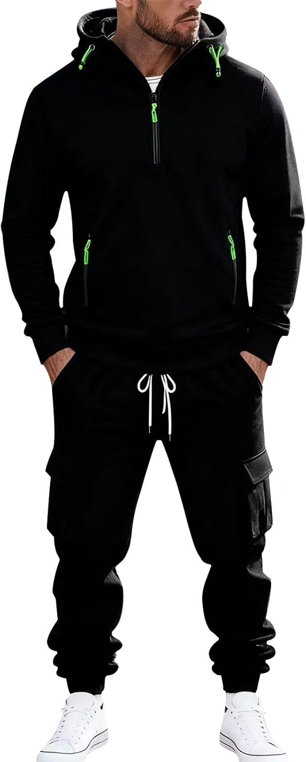 HJINGSUN Men Jogging Suits Sets 1/4 Zip Cargo Hoodie Jogger 2 Piece Outfits