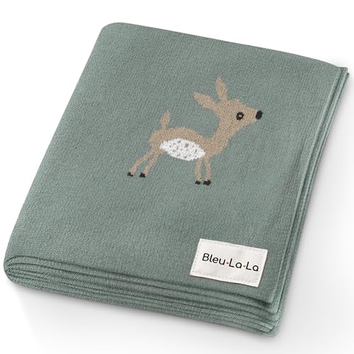 Image of Bleu La La Soft Baby Swaddle Receiving Blanket - 100% Cotton Knit Soft Cozy Receiving Swaddling Crib Stroller Quilt Blanket for Shower Gift Registry for Newborns, Infants, Toddlers (Deer - Sage)