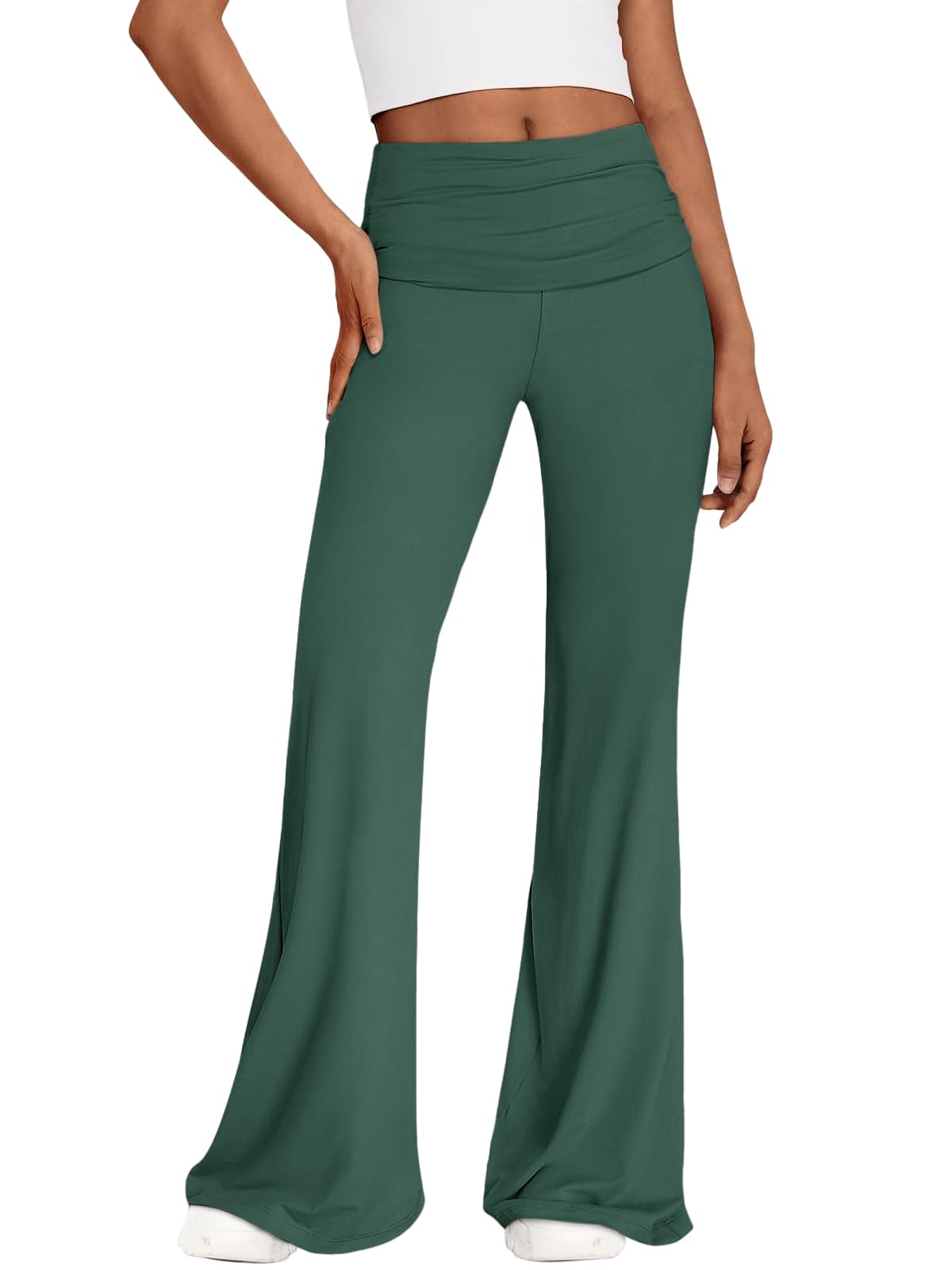 REORIA Leggings da donna, tinta unita, da palestra, da yoga, con gamba larga e elastico in vita, verde, S