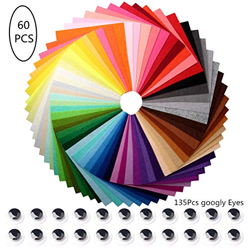 pengxiaomei 60 PCS Felt Fabric Sheets, 15x15cm /5.9x5.9Inch DIY Craftwork Assorted Colors Felt Squares with 135 PCS googly Eyes