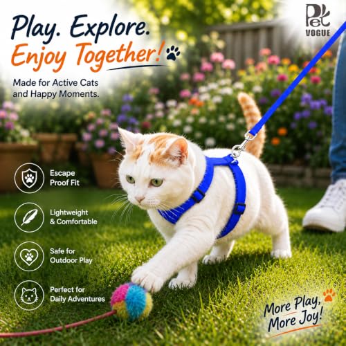 Image of PetVogue Basic Full Body Cat Harness with Leash Set for Walking for Cats Adjustable Soft Sturdy Escape Proof Kitten Vest Harness and Leash with Reflective Strip for Large Medium Small Cat (Blue)