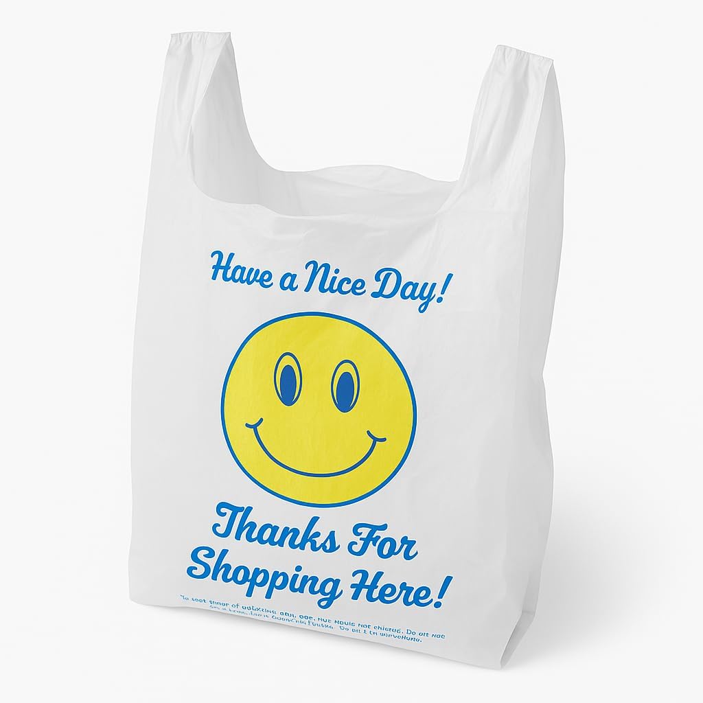 “Have a Nice Day” Shopping Bags with T-Shirt Handles – Durable Heavy-Duty .71 Mil HDPE Carryout Bags, 11.5″ x 6″ x 21″ Medium Size for Grocery, Retail, Takeout, Restaurants – Friendly Print – 100 Pack