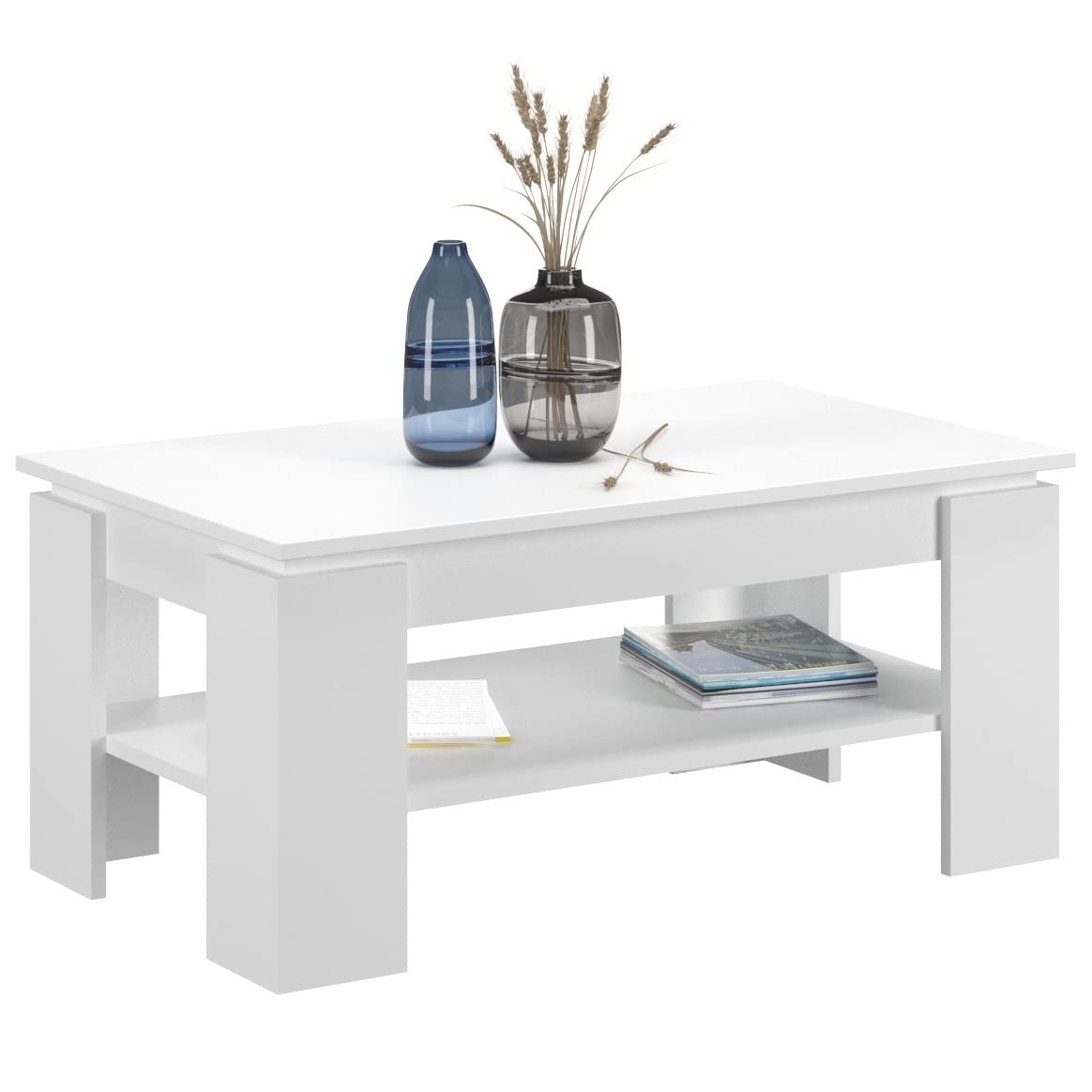 Newroom Couchtisch Weiß modern mit Ablage Wohnzimmertisch Sofatisch | Ablagefach unter der Tischplatte, Stubentisch, Tisch für die Couch, Holzwerkstoff, für kleines Wohnzimmer und Sofaecke