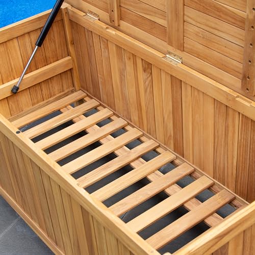 Image of Cambridge Casual Arie 48-Inch Teak Outdoor Deck Box Storage Chest - Weather-Resistant Patio Organizer with Soft-Close Lid for Pool or Garden Storage, 49 Gallons