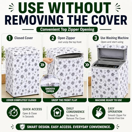 Image of DALUCI Top Load Fully Automatic Washing Machine Cover | Waterproof & Dustproof Polyester Fabric with Zipper | Protective Cover for Washing Machine (White & Grey, 59X59X86 CM)