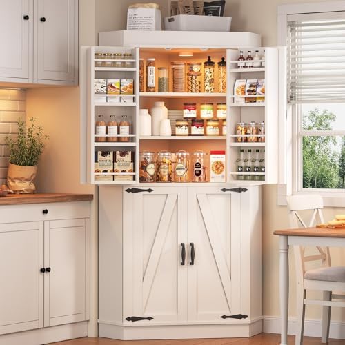 Corner Cabinet, Kitchen Pantry Storage Cabinet with 4 Doors and S...