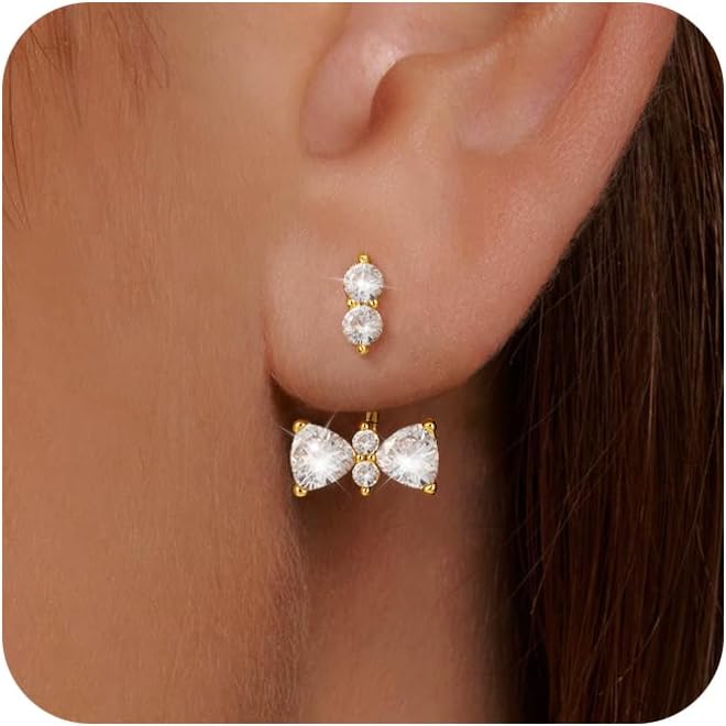 Risamil 14K Gold Plated Earrings for Women Trendy Ear Jacket Post Hanging Back Studs Adjustable Holes Dainty Lightweight Cubic Zirconia | Bow | Chain | Heart Dangle Jewelry Gifts