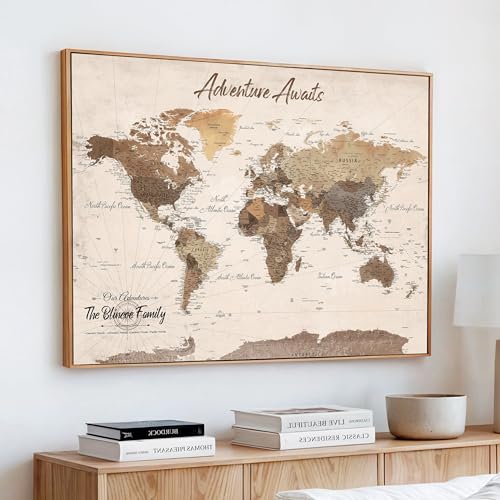 Customize Personalized Push Pin World Map Wall Art Canvas Print, Custom Family Travel Map for Living Room Office, Neutral Beige Brown Framed World Map Decor