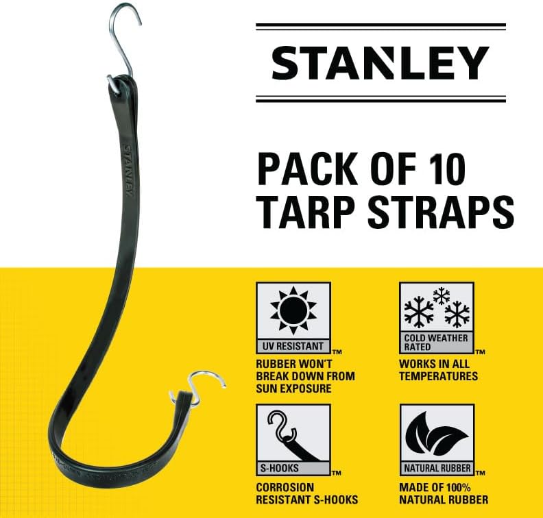 Miniatura 2 de STANLEY S300415 - Cuerdas elásticas de goma negras de 15 pulgadas para todo tipo de clima con ganchos en S para asegurar lonas, transportador de