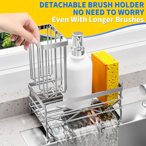 galasily Sink Caddy Sponge Holder for Kitchen Sink with Brush Holder and Stainless Steel Self Drain Tray, Rustproof Kitchen Sink Organizer for Sponge, Kitchen Accessories, Silver,6.88\"x3.97\"x5.9\" - Thumbnail 5