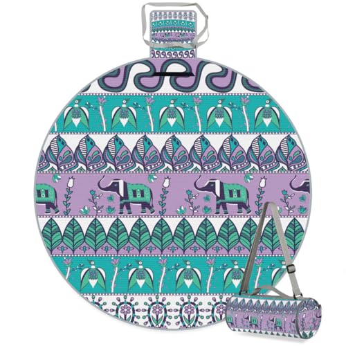 Shimoshe Mandala Elephant Picnic Outdoor Blanket Foldable Waterproof Sandproof Beach Blanket Portable Water-Resistant Round Picnic Mat for Travel Camping Park Lawn