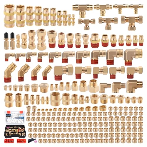 Ailbiuko 250 Pcs Brass DOT Air Brake Line Fittings & Air Nylon Tube Compression Fittings Assortment Kits 1/4 1/8 3/8 1/2 5/8 3/4 NPT Push To Connect Fittings Quick Connect Air Hose Fittings