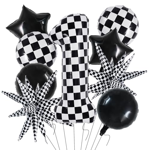 TONIFUL 40 Inch Checkered 1st Birthday Balloons Set Number 1 Race Car Black White Round Explosion Star Boys Race Car Balloons Themed Birthday Party Decoraction