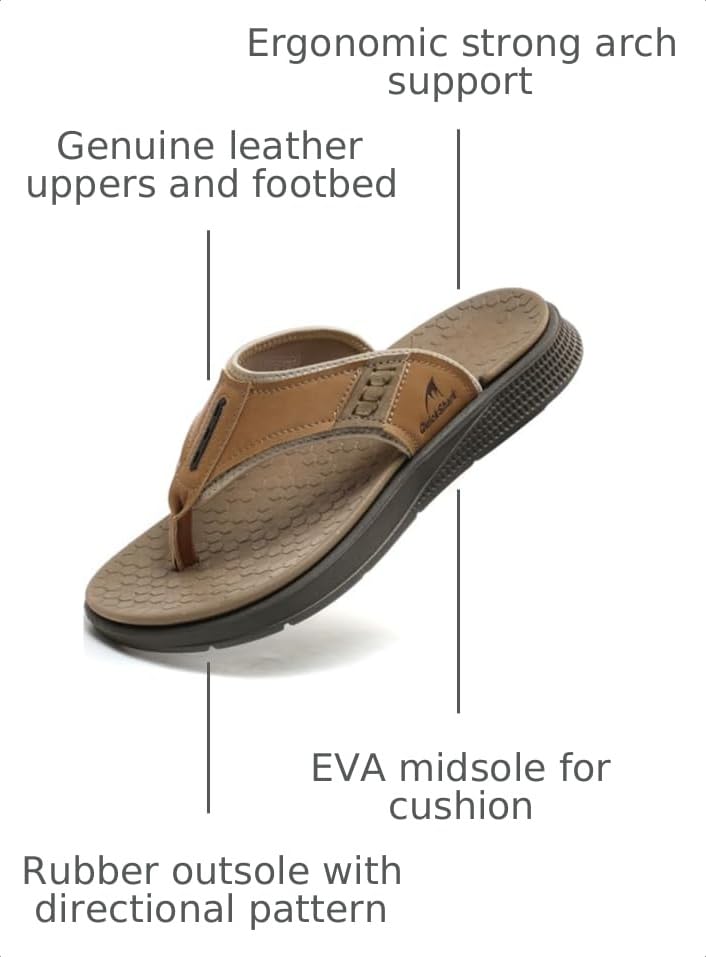 Image of Quickshark Mens Flip Flops Leather Thong Sandals Arch Support Beach Slippers