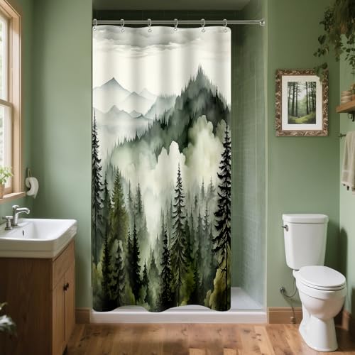 BayNook RV Forest Shower Curtain 47 x 64 Inch Small Stall Mountain Camper Shower Curtains for Travel Trailer Woodland Tree Bathroom Decor Outdoor Camping Short Shower Curtain with Hooks Dark Green