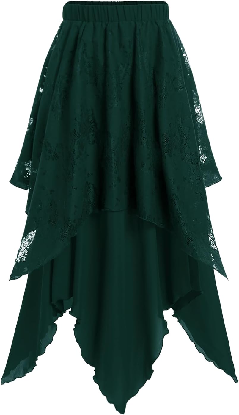 ROSE GAL Womens Plus Size Gothic Lace Overlay Layered Handkerchief Hem Flowy Maxi Skirt