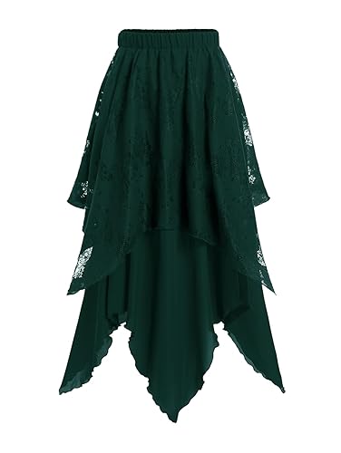 ROSE GAL Womens Plus Size Gothic Lace Overlay Layered Handkerchief Hem Flowy Maxi Skirt - Deep Green - Large Plus