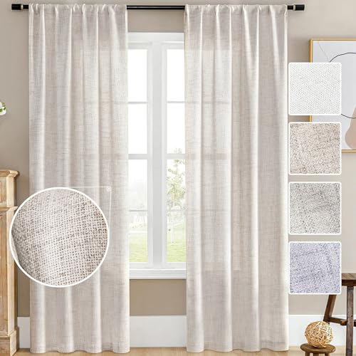 MEETBILY Linen Textured Semi Sheer Curtains 37 x 84 Inches Long Rod Pocket Window Treatment Drapes, Light Filtering Privacy Farmhouse Curtains for Living Room/Bedroom/Nursery 2 Panels, Light Coffee
