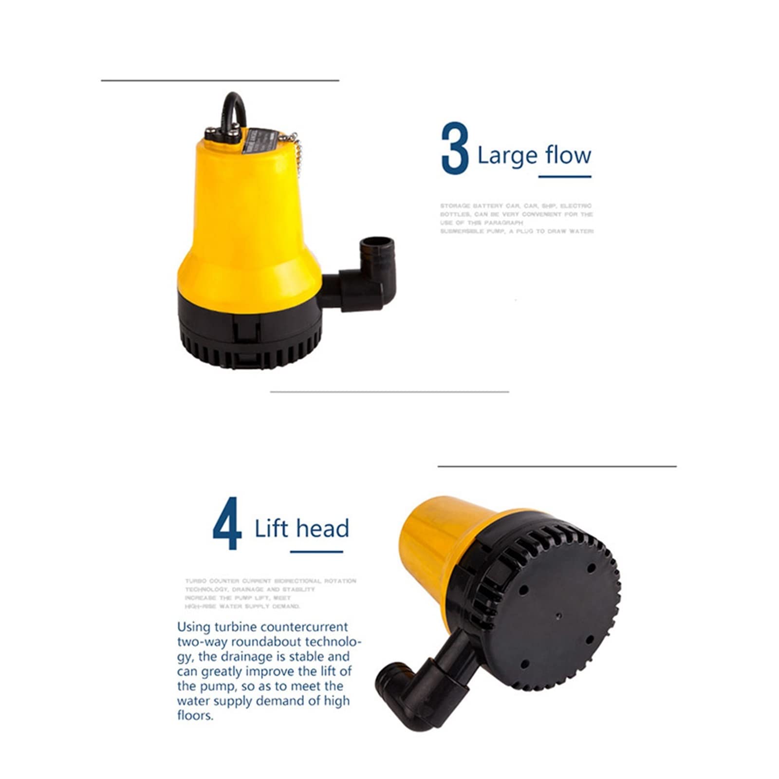 Pompe submersible réglable de petite taille, pompe de cale submersible sans balais, coque solide, avec chaîne, filtre amovible, mini pompe à eau jaune vif 12 V CC, débit de 4,5 m/h