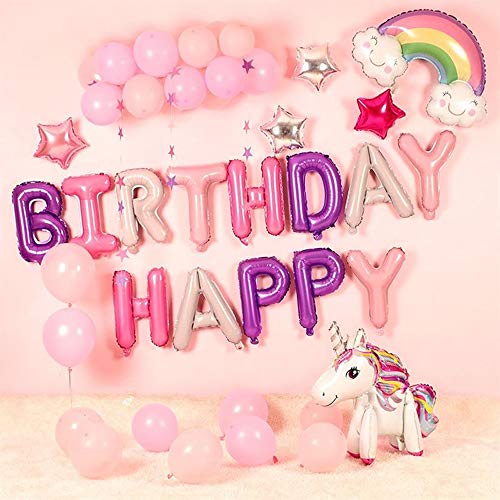 Ponmoo Einhorn Luftballons Deko Geburtstag Pink Geburtstagsdeko Kit, Einhorn Ballons Geburtstagsdeko Happy Birthday, Rose Dekoration Geburtstag Folienballon für Mädchen