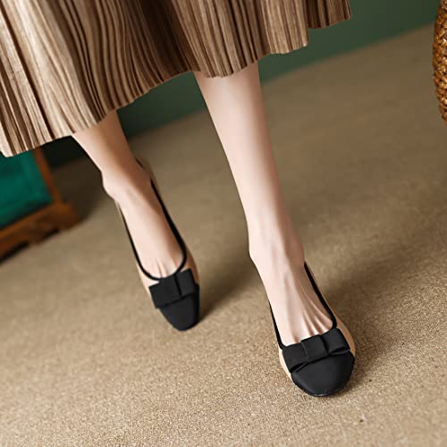 MOOMMO Women Low Chunky Heel Pumps Shoes Bows Round Closed Toe Slip On Block Heels Dress Sandals Cap Toe Bow Flats Shoes Two-Toned Ladies Girls Wedding Office School Elegant Comfort Spring 4-11 M US4