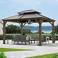 Modern Shade Wood Gazebo 11' x 13', Cedar Framed Wooden Gazebo with Double Galvanized Steel Roof, Permanent Hardtop Gazebo with Sturdy Hooks for Garden, Backyard Patio and Deck