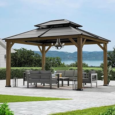 Modern Shade Wood Gazebo 11' x 13', Cedar Framed Wooden Gazebo with Double Galvanized Steel Roof, Permanent Hardtop Gazebo with Sturdy Hooks for Garden, Backyard Patio and Deck