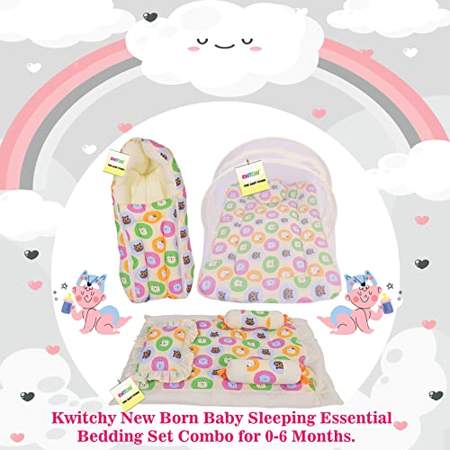 Image of Kwitchy New Born Baby Bedding Combo of Mattress with Net | 4 Pcs Gadda Set (0-6 Months) Yellow (3PCS Set)
