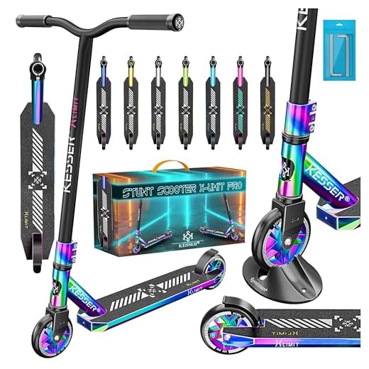 KESSER® Patinete acrobático X-Limit-Pro, Funscooter con dirección de 360Ḟ, con Soporte, rodamientos de Bolas ABEC 9, Ruedas de PU de 110 mm, Scooter arcoíris
