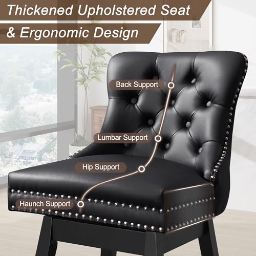Image of Black Leather Swivel Bar Stools Set of 4 with Back, 30 Inch Counter Height Chairs, Solid Wood Legs, Tufted Seat, Comfortable and Stylish for Kitchen, Island, Home Bar(Black, 4 Pack, 30 inch H)