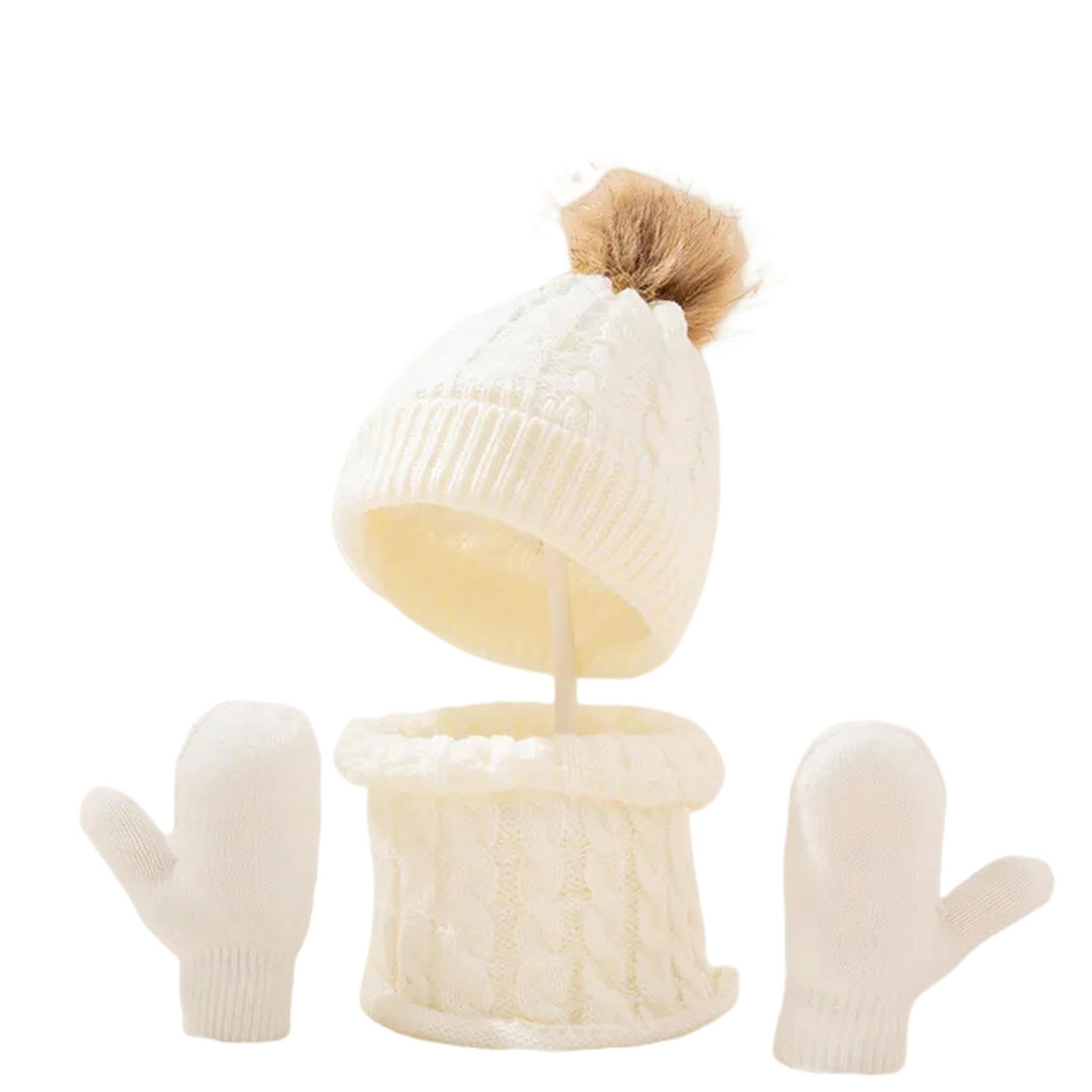 3-teiliges Winter-Set für Babys, Mütze, Schal und Handschuhe, einfarbig, für Kleinkinder, mit Bommel, Strickmützen, warmes Outdoor-Zubehör für Kleinkinder, süß (Hellgrau A)