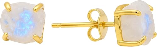 Gempires Natural Raw Rainbow Moonstone Prong Setting Stud Earrings, 8-10 mm Crystals Earring, June Birthstone, Handmade Jewelry, Gift for Her