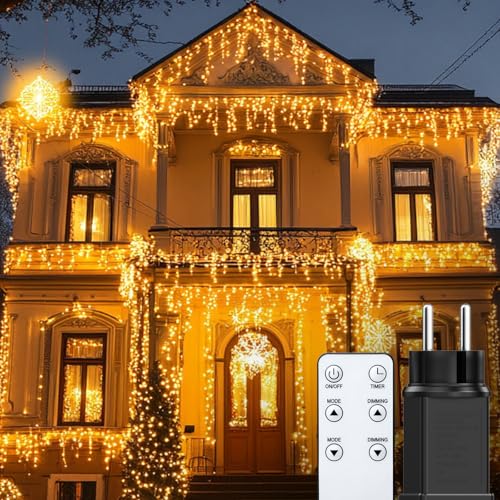 BESCOST Luci Natale da Esterno 400LED 10M con Telecomando Luci Natalizie da Esterno Cascata 8 Modalità/Timer, Tenda Luminosa Esterno Bianco Caldo IP44 per Decorare Giardino, Balcone, Finestra Natale
