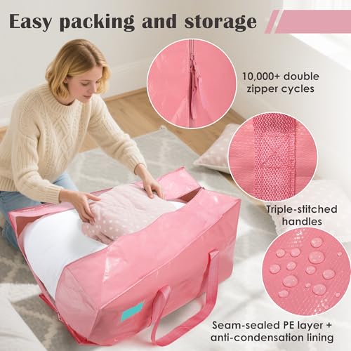 Image of 6 Pack Moving Bags with Full-Open Side Zipper, Extra Large 93L Heavy Duty Waterproof Foldable Storage Totes for College Dorm, Moving & Home Organization Pink
