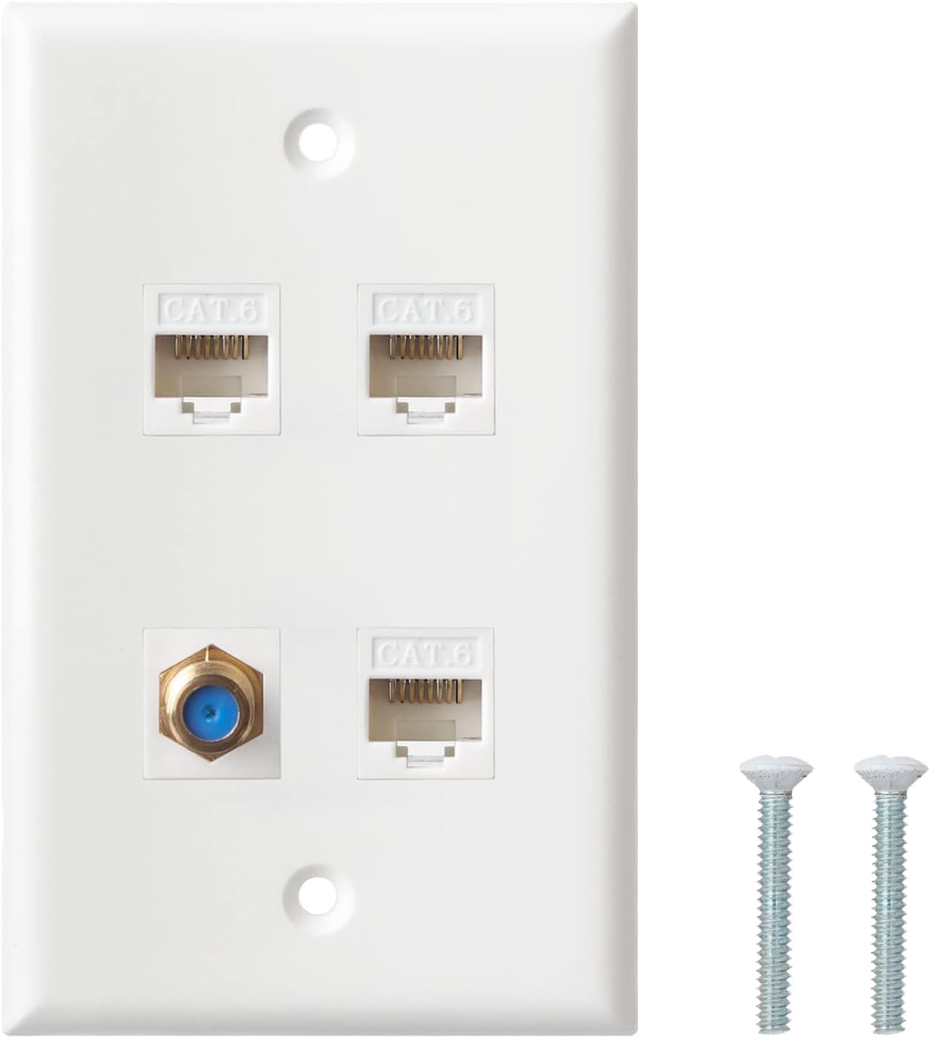 Ethernet Coax Wall Plate, 3 Port Cat6 Keystone Female to Female, 1 Port F Type Connector Coax Keystone Female to Female Wall Plate - White
