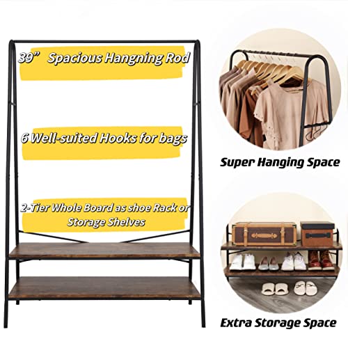 Finnhomy 39.4“L Clothes Rack With 2 Wood Shelves, Clothing Racks For Hanging Clothes Heavy Duty Garment Display Rack, Rustic Metal Portable Closet With Shoes Rack For Bedroom/Entryway/Boutiques #TOP5