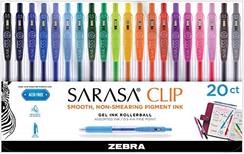 Zebra Sarasa Clip 0.5mm Fine Point Gel Ink Pens 20/Pkg-Assorted Colors