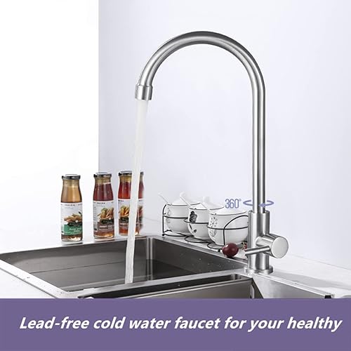Miniatura 2 de Solo grifo de agua fría, acero inoxidable de níquel cepillado de un solo agujero, grifo de fregadero de agua fría de arco alto para cocina,