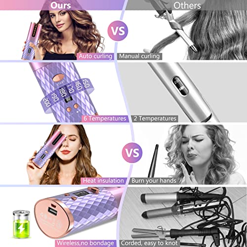 Automatic Curling Iron, Anti-Scald Hair Curler, Rotating Curling Iron 1 Inch Hair Tools, 6 Temps & 11 Timers, Portable Ceramic Barrel Wand Curling Iron, Fast Heating Rechargeable Travel Waver Curler