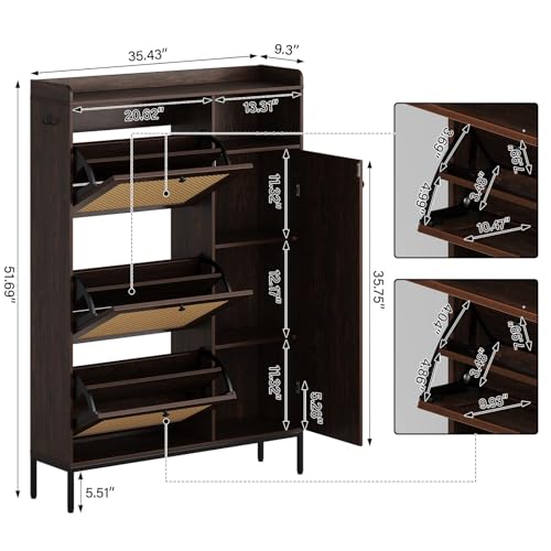 Image of Rattan Wooden Shoe Cabinet, Freestanding 3-Flip Drawer Shoe Storage Organizer, Side Cabinet & Top Fence, Easy Assembly Shoe Rack for Entryway Hallway Living Room, Deep Cherry