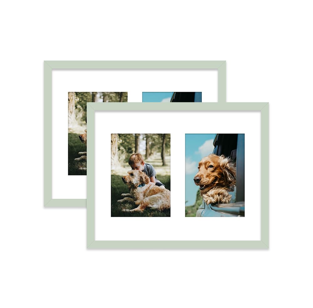 Mint Green Multi Photo Frame - Holds 2 x 7x5 Pictures, Family Collage Picture Frame for Wall Display, 14x11 Frame size, Set of 2