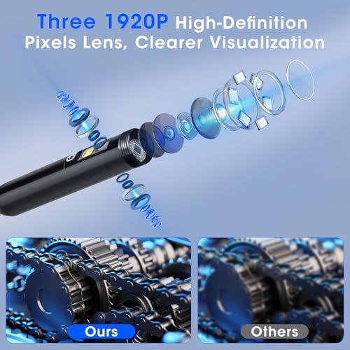 Image of Triple Lens Borescope with 5 inch IPS Screen, 1920P HD Inspection Endoscope Camera with 50FT Semi-Rigid Snake Cable & 32GB Card, IP67 Waterproof Plumbing Camera for Sewer /Automotive /Drain Pipe