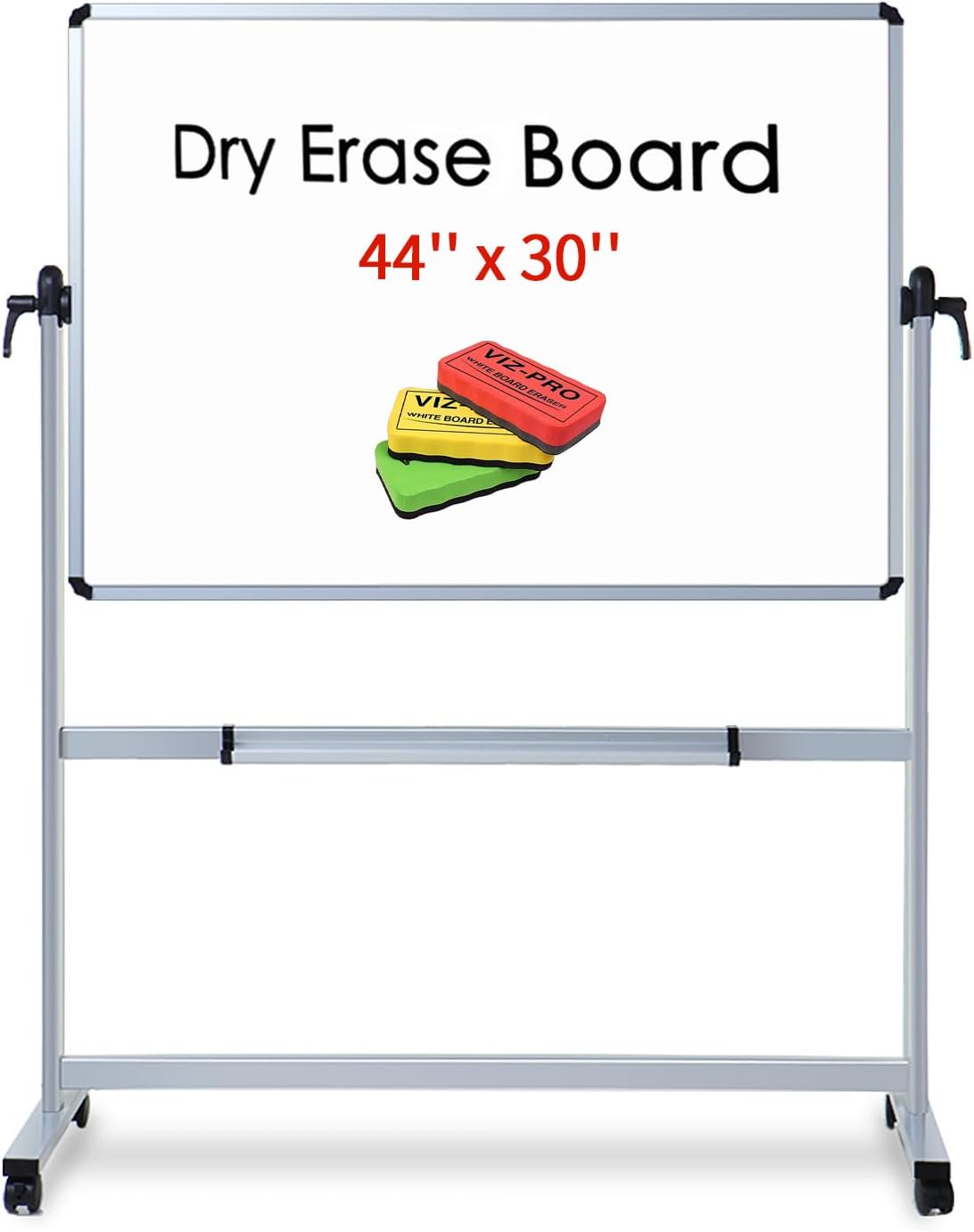 VIZ-PRO Double-Sided Magnetic Mobile Whiteboard,44 x 30 Inches Aluminium Frame and Stand, with 3 Colored Erasers