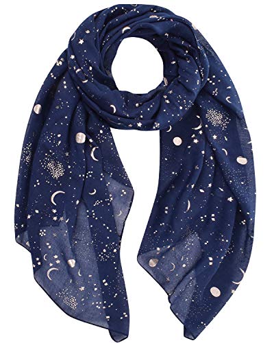 Tuopuda - Tuopuda Femme Foulard Argent Étoile Feuille de Lune Paillette Imprimé Écharpe Foil Print Léger Doux Wraps Sparkly Châle Scintillante Scarf-180cm x 70cm-Bleu marine (étoile et lune dorées) - -8%