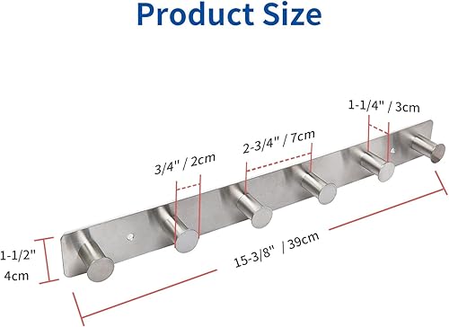 Miniatura 2 de AJLTPA Perchero adhesivo para montaje en la pared y atornillado, ganchos de metal de acero inoxidable para puerta, riel de gancho con 6 ganchos