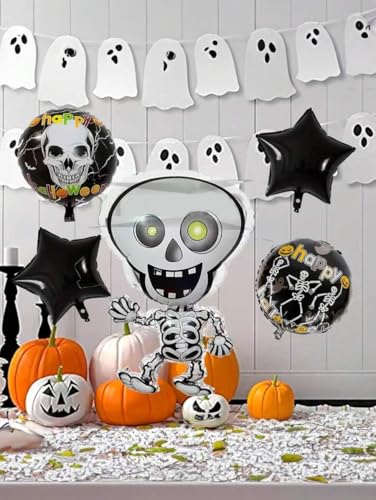 Image of AMFIN (Pack of 45) Happy Halloween Party, Skeleton Ghost Foil Balloons - White, Black