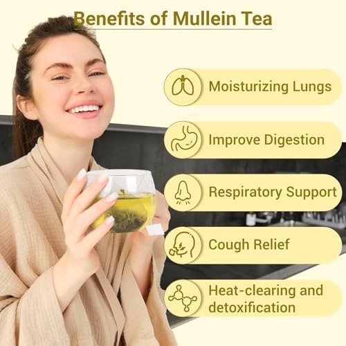 Mullein Tea Bags for Lungs, 100% Pure Mullein Leaf Tea for Lungs Cleanse and Respiratory Support, Caffeine Free, No Additives, Non-GMO (1 Pack/50 Bags) - 4