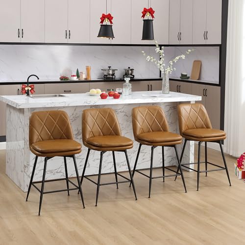 Image of Swivel Bar Stools Set of 4, Swivel Counter Height Bar Stools Set with Metal Legs and Upholstered Faux-Leather Seats, Modern Bar Stool with Back for Kitchen Island (A26 H, Brown)